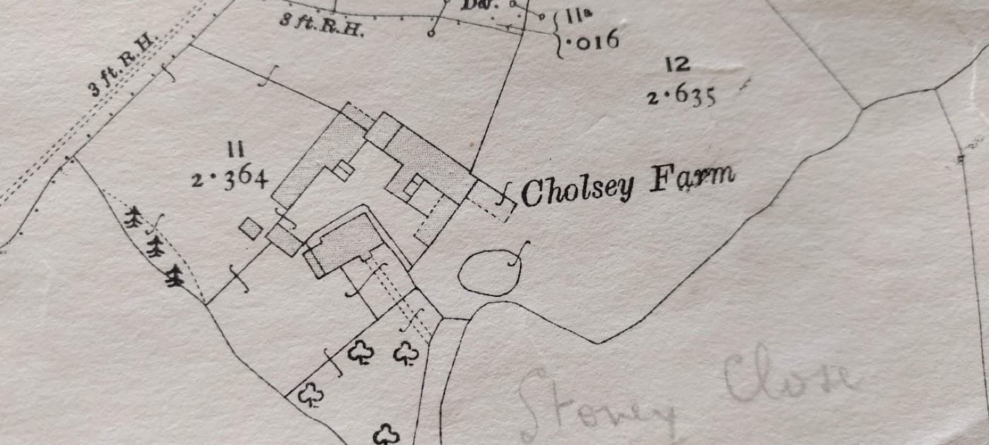 A hand-annotated 1921 Ordnance Survey map sheet showing Cholsey Farm and the field named Stony Close.